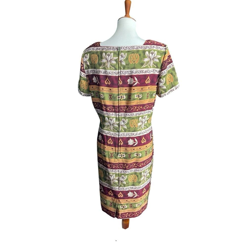 Vintage Sag Harbor Dress Women Size 12 Burgundy Green Yellow Square Neck Floral - Picture 6 of 6